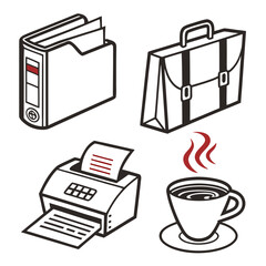 Isometric office icons set featuring a file cabinet, briefcase, a printer, and a cup of coffee, symbolizing office work and document management