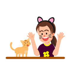 A little girl wearing cat ears and face paint smiling with her cat