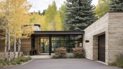 A modern house with large windows reflects surrounding trees, featuring stone blocks and wood-like panels,
