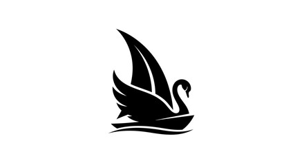 Elegant Swan Sailboat Logo Design Black Silhouette.