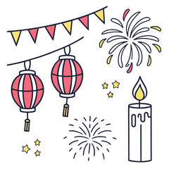 Celebration elements featuring lantern, firework, candle, and garland in a simple line art style with yellow and red color