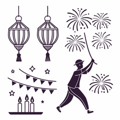 Illustration of a man holding a firework stick with lanterns, candles, and bunting, perfect for festive celebrations and cultural events