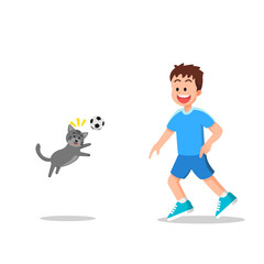 A boy playing ball with his cat jumping to head the ball