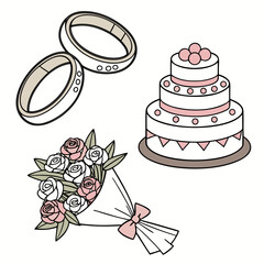 A charming wedding scene featuring wedding rings, a delightful cake, and a beautiful bouquet, , capturing the essence of love and celebration