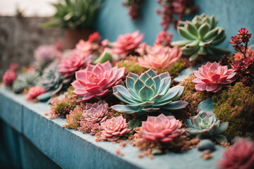Gorgious Pink and Blue Succulents in a White Pot Against a Light Blue Wall