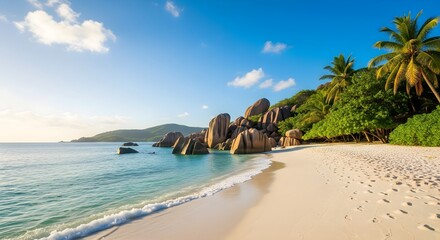 A perfect tropical beach paradise with turquoise water, palm trees, and warm sun