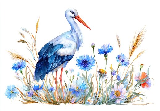 Watercolor stork bird and wildflowers with poppy, cornflower chamomile, rye and wheat spikelets . Wedding and baby shower invitation. High quality