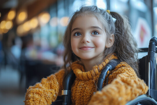 Young girl in wheelchair gazes up at camera.