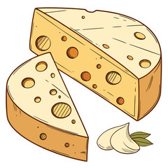 Two pieces of swiss cheese with garlic, , in a sketch style, perfect for illustrating dairy products, food, or a gourmet snack
