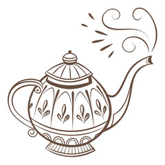 Illustration of a teapot with steam coming out of the spout, the teapot is a vessel used for brewing and serving tea, a popular beverage