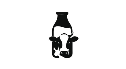 Cow head integrated into a milk bottle silhouette representing dairy products.