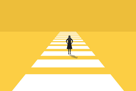 Business woman follow a path for business opportunities. visionary leadership different business routes. Symbol of ambition, motivation and long road ahead