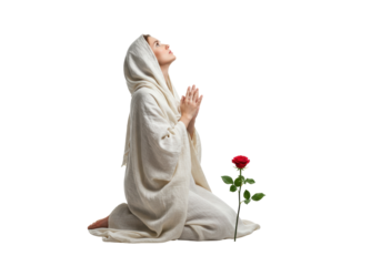 Isolated praying woman in white gown next to red rose looking up, holy person spiritual faith