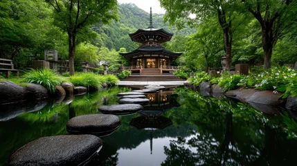 Tuinposter  Two-story wooden pagoda temple with curved traditional eaves, stone pathway crossing calm water with rain ripples, surrounded by ancient moss garden,dense bamboo forest,mystical foggy Asian landscape  © Марина Сухина