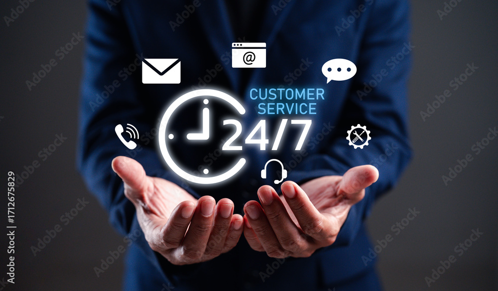 Poster a professional image depicting a person holding symbols representing 24/7 customer service with vari