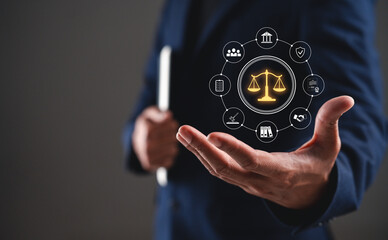 A professional holding a hand out, featuring a digital scale icon and symbols related to law,...