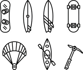 Extreme Sports Equipment Icons Set   Snowboard, Surfboard, Skateboard, Parachute, Kayak, Ice Axe   Minimal Black Line Art Vector for Adventure, Outdoor and Fitness Design. © Munna_SH