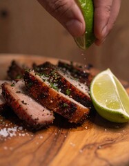 Sliced grilled pork with lime and seasoning