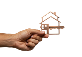 Isolated copper home key ring in human hand symbolizing new beginning, house concept