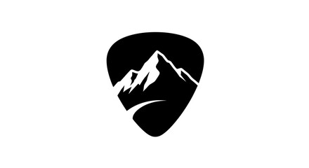 Mountain range with a winding road inside a guitar pick logo.