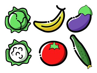 A set of flat, vector illustrations of various vegetables and fruits.
