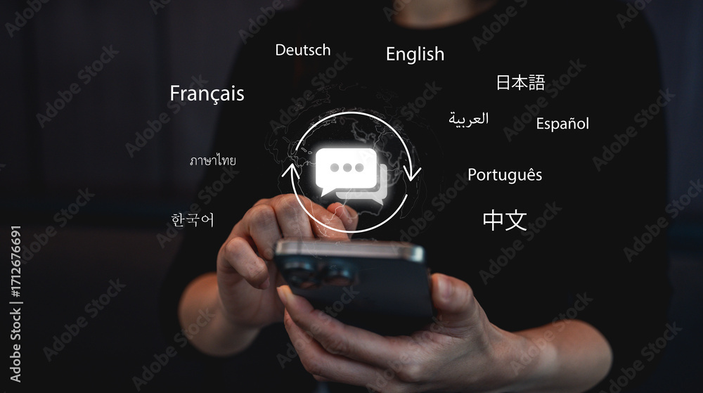 Poster a person holds a smartphone displaying multilingual communication options, symbolizing global connec