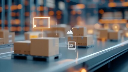 Cardboard Boxes on Conveyor Belt with Orange Light in Warehouse Digital Interface - Powered by Adobe