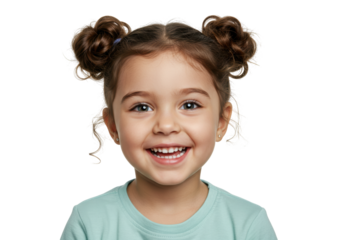 Isolated girl smiles wearing space buns hairstyle, cheerful kid, face closeup, looking at camera