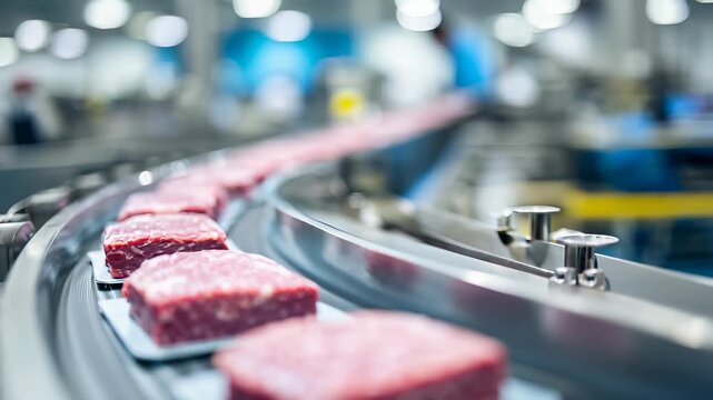 Raw Meat Patties on a Conveyor Belt in a Food Processing Plant, Modern Industrial Food Production, Close-up
