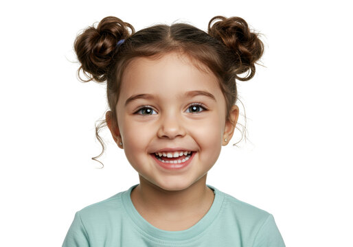 Isolated girl smiles wearing space buns hairstyle, cheerful kid, face closeup, looking at camera