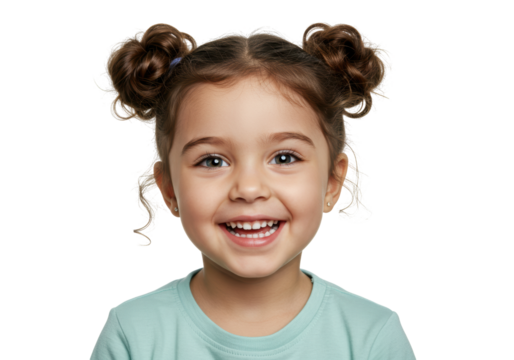 Isolated girl smiles wearing space buns hairstyle, cheerful kid, face closeup, looking at camera