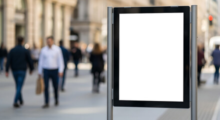Mockup empty white advertising placed at footpath. Outdoor advertisement template poster for urban commercial marketing campaigns. Selective focus