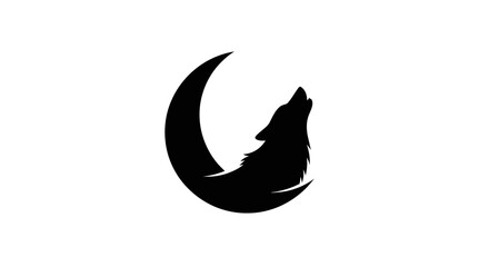 Obraz premium Black silhouette of a howling wolf and crescent moon against a white background.