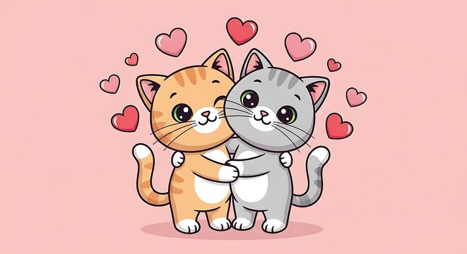 Two Cute Cartoon Cats Embracing with Hearts.