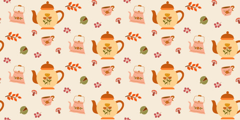 Autumn Seamless Pattern with Teapots, Coffee Pots, Honey, Floral, Acorns, Fall Leaves, More Illustration. Perfect for decor, wallpaper, fabric, textile, background