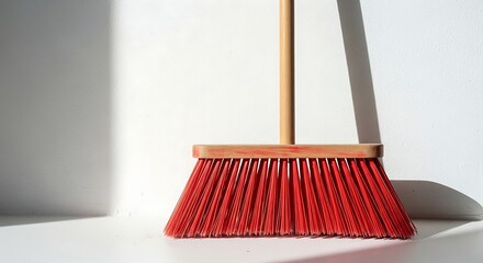 Red Broom with Wooden Handle Against a White Wall with Shadows.