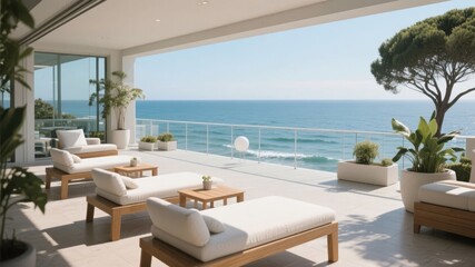 Obraz premium Modern outdoor terrace with ocean view, featuring lounge furniture and potted plants