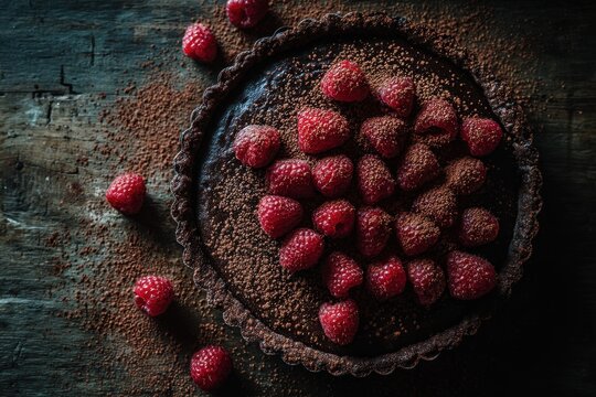 Decadent Chocolate Raspberry Tart Sprinkled with Cocoa Powder on Rustic Wood