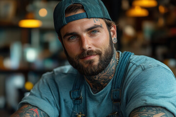 A man with tattoos and a beard.
