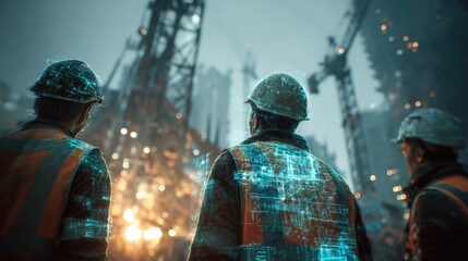 Team of construction workers observing advanced technology integration at industrial site with cranes and glowing data on hard hats in the background