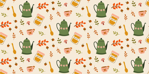 Autumn Seamless Pattern with Teapots, Coffee Pots, Honey, Floral, Acorns, Fall Leaves, More Illustration. Perfect for decor, wallpaper, fabric, textile, background