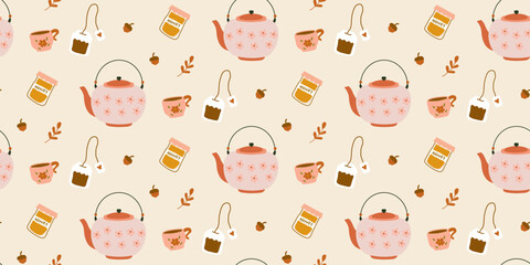 Autumn Seamless Pattern with Teapots, Coffee Pots, Honey, Floral, Acorns, Fall Leaves, More Illustration. Perfect for decor, wallpaper, fabric, textile, background