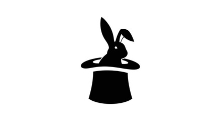 Black silhouette of a rabbit emerging from a magicians top hat.
