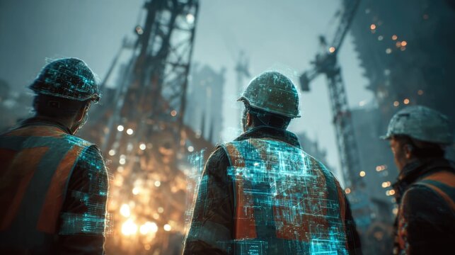 Team of construction workers observing advanced technology integration at industrial site with cranes and glowing data on hard hats in the background