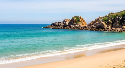 Fototapeta premium A serene tropical beach paradise with turquoise water, palm trees, and white sand under a summer sun