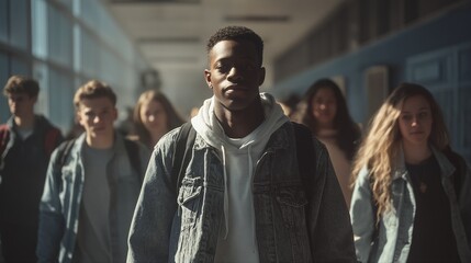 Obraz premium a young man with a focused expression walks through a blurred hallway filled with other students.