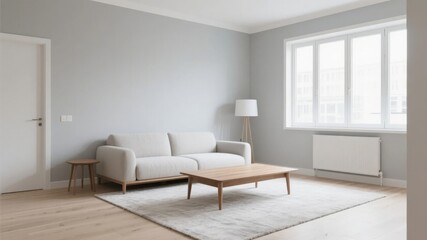 Fototapeta premium Minimalist living room with light gray walls, white sofa, wooden coffee table, and large window