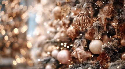 a close-up of a warmly lit christmas tree adorned with delicate gold and champagne-colored ornaments and frosted branches creates a cozy and festive atmosphere.