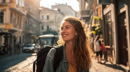 Fototapeta premium a radiant young woman with flowing hair smiles brightly while walking down a sun-drenched european street with historic buildings and a vintage tram.