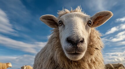 a close-up shot of a fluffy white sheep looking directly at the camera against a backdrop of a bright blue sky with wispy clouds.